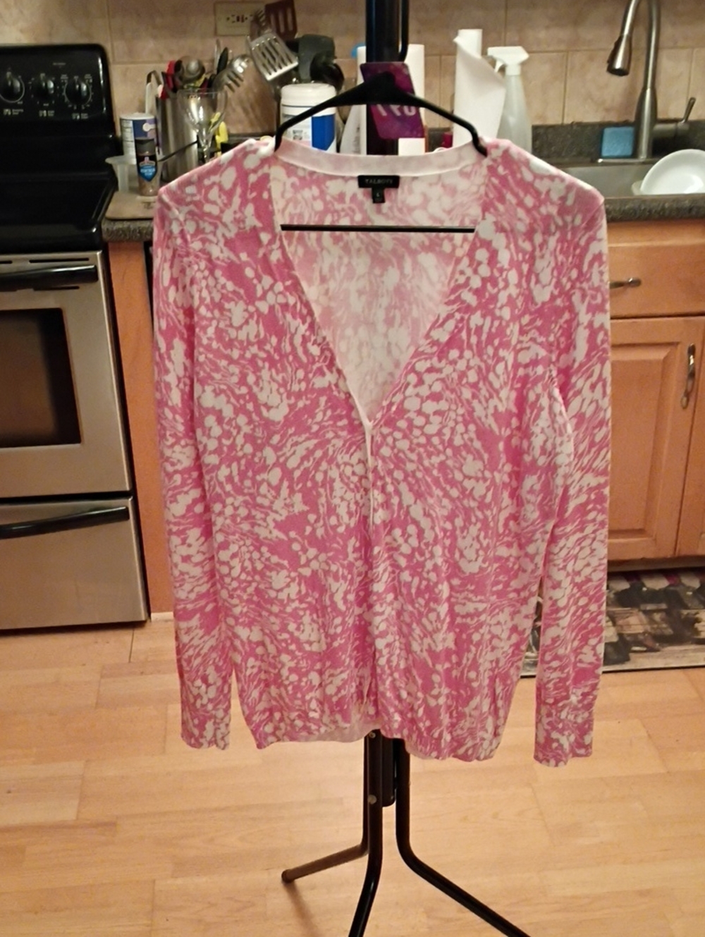 Talbots Pink and White Abstract V‑Neck Button Cardigan